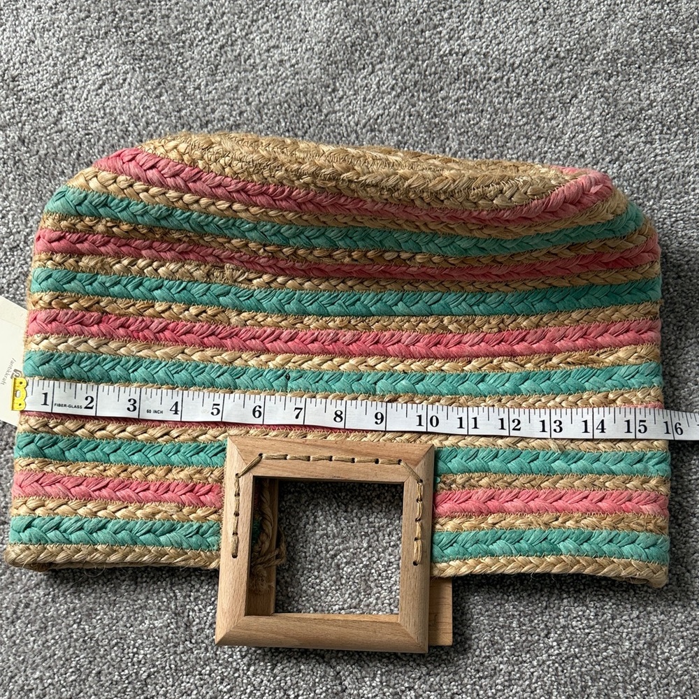Antik Kraft hand made square wood handle striped pink green jute Bag - Picture 8 of 10